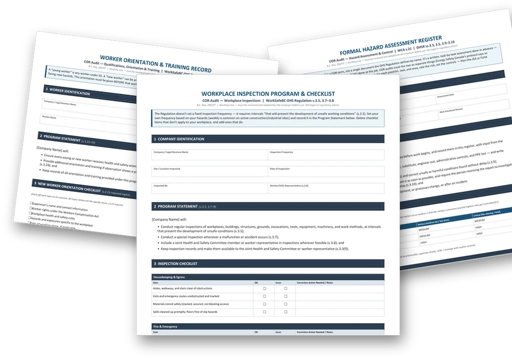 Pages from the COR Small-Employer Kit: the Workplace Inspection Checklist in front of the Worker Orientation and Training Record and the Formal Hazard Assessment Register